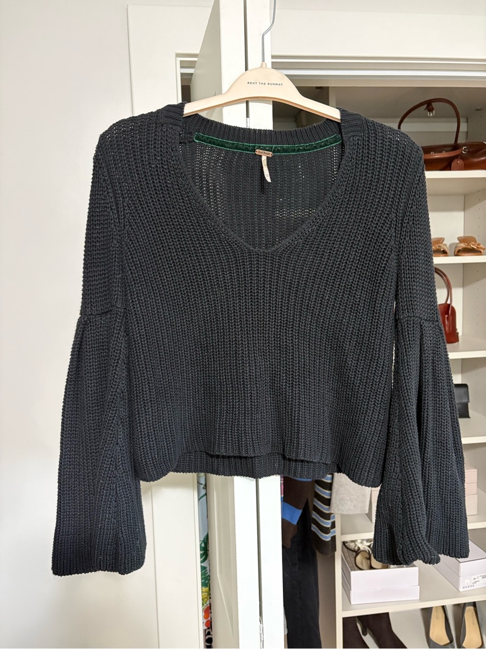 Free People Black V-Neck Bell Sleeve Knit Sweater